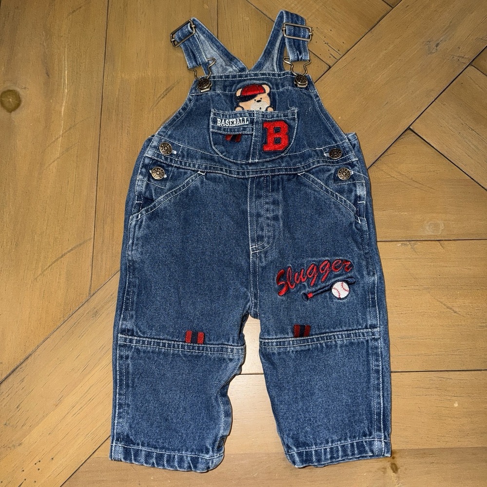 Vintage Baby Texas Sluggers Baseball Denim Overalls Bibs 3-6M Embroidered